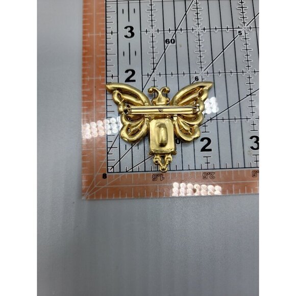 Antique Czech Glass Moth Brooch Red Clear Green Rhinestones Gold Tone - Picture 7 of 7